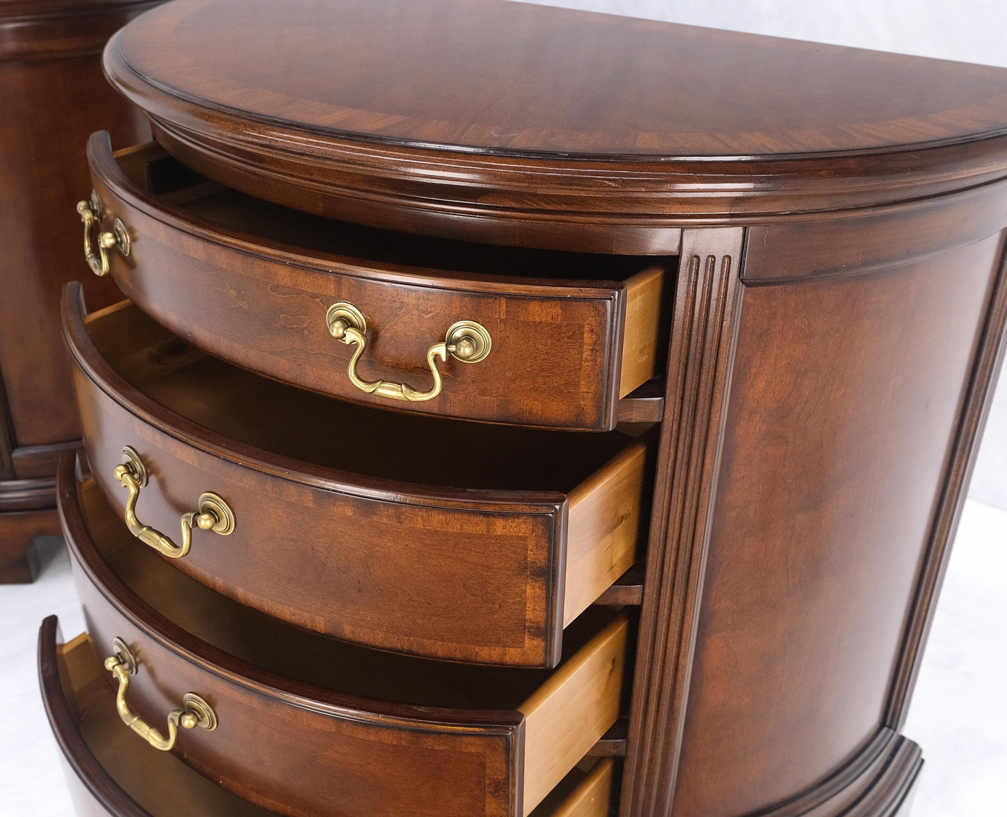 Pair of 4 Drawer Banded Top Demi Lune Consoles Dressers Brass Drop Pulls MINT!