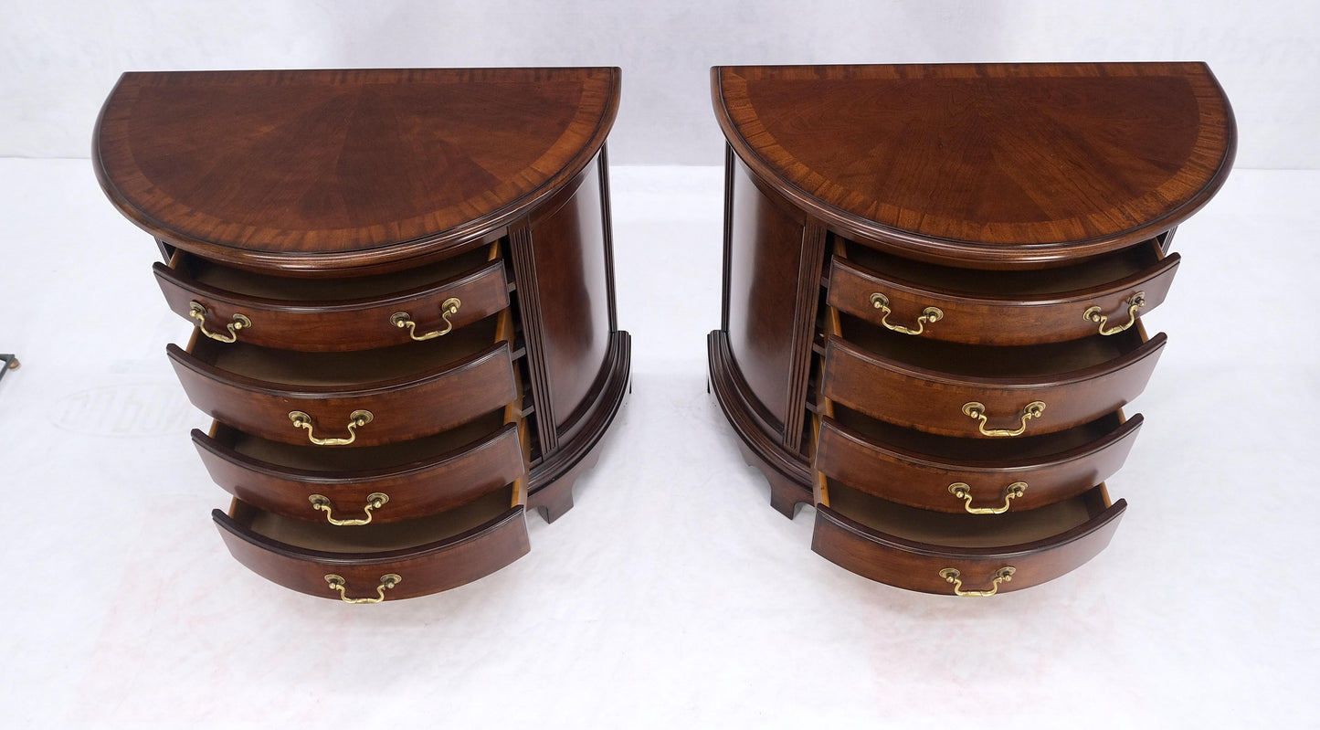 Pair of 4 Drawer Banded Top Demi Lune Consoles Dressers Brass Drop Pulls MINT!