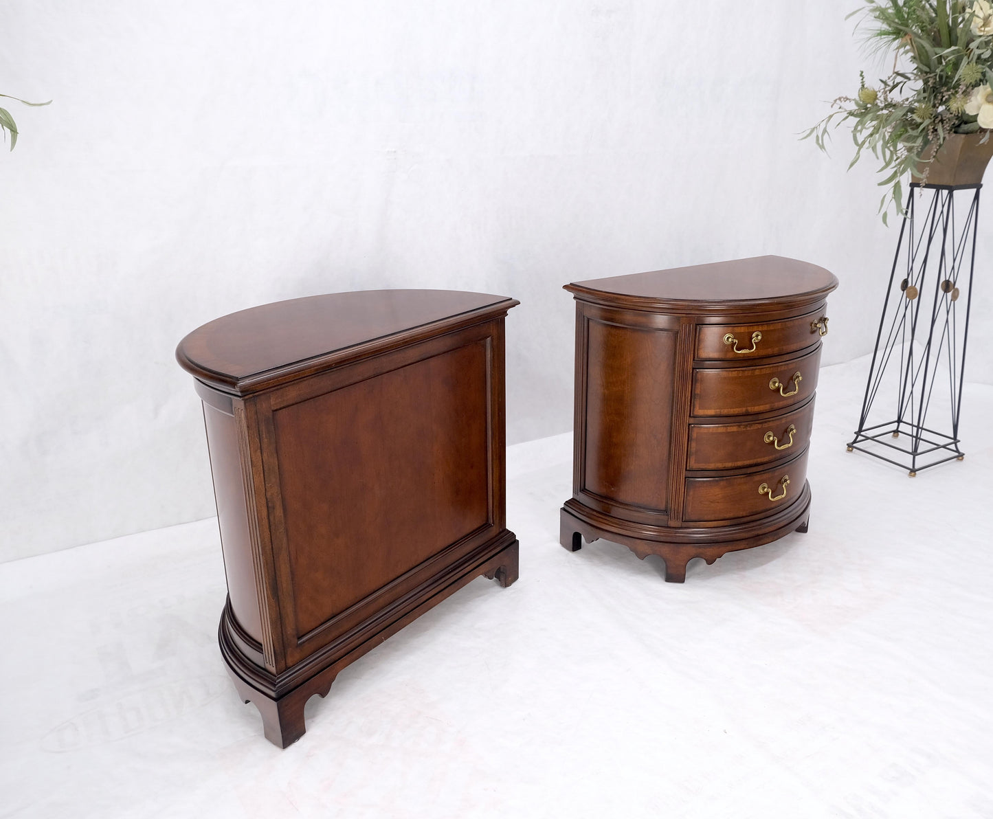 Pair of 4 Drawer Banded Top Demi Lune Consoles Dressers Brass Drop Pulls MINT!