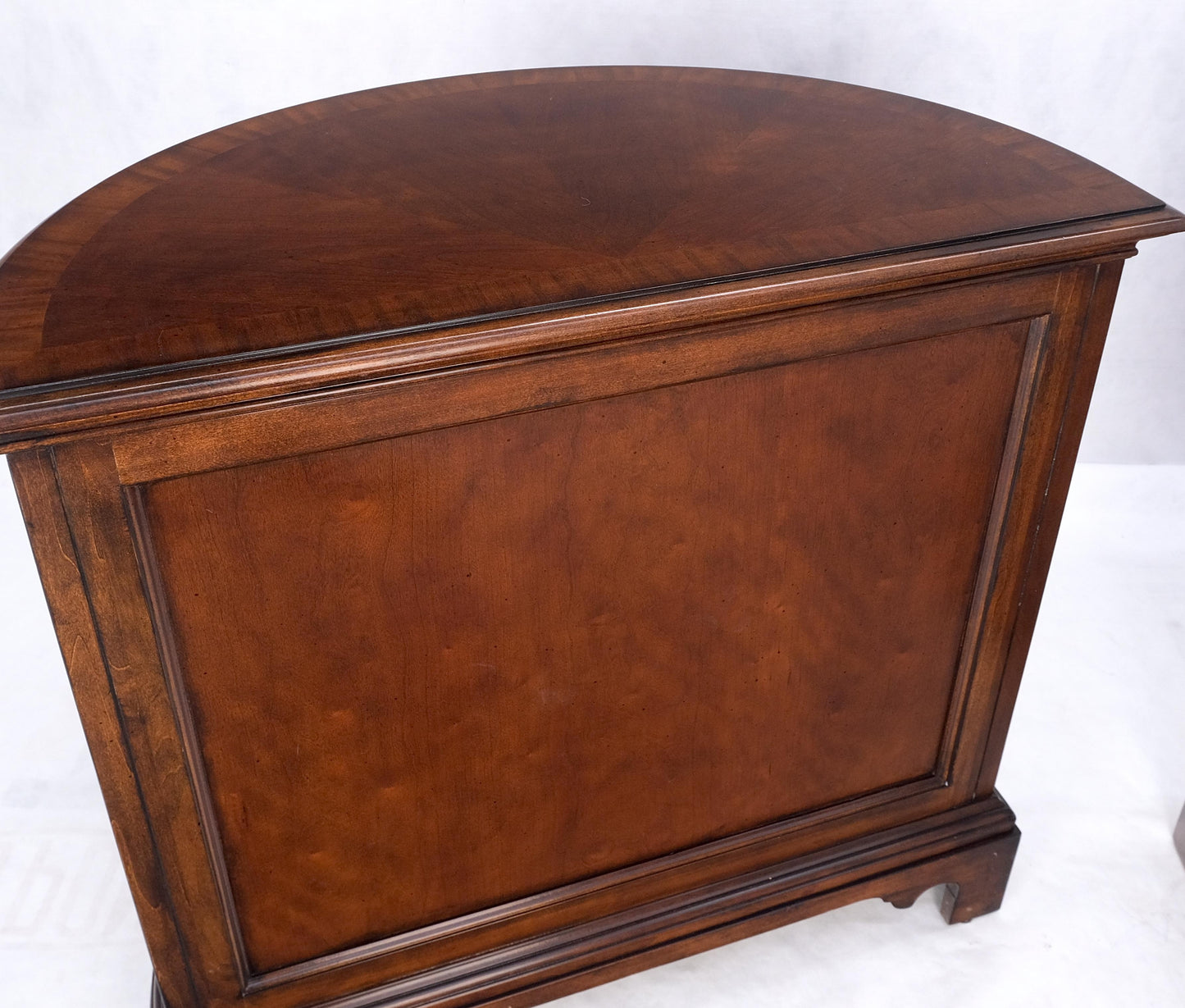 Pair of 4 Drawer Banded Top Demi Lune Consoles Dressers Brass Drop Pulls MINT!