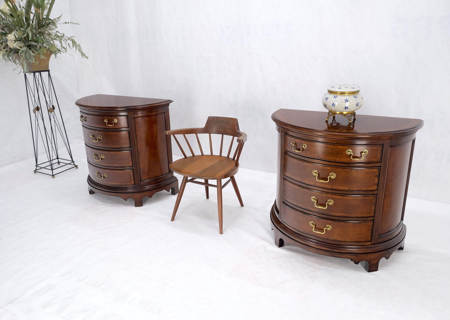 Pair of 4 Drawer Banded Top Demi Lune Consoles Dressers Brass Drop Pulls MINT!