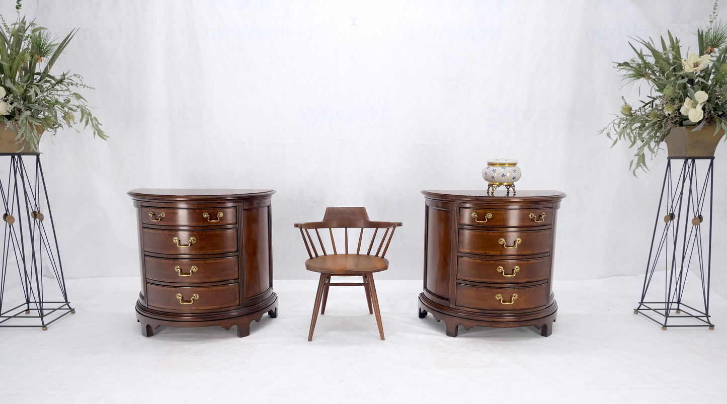 Pair of 4 Drawer Banded Top Demi Lune Consoles Dressers Brass Drop Pulls MINT!