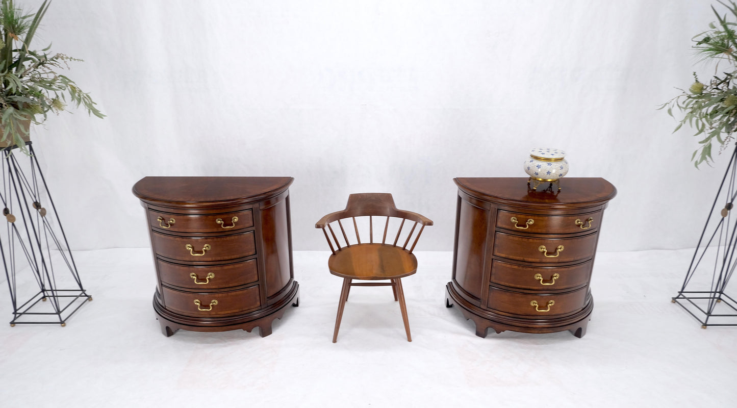 Pair of 4 Drawer Banded Top Demi Lune Consoles Dressers Brass Drop Pulls MINT!