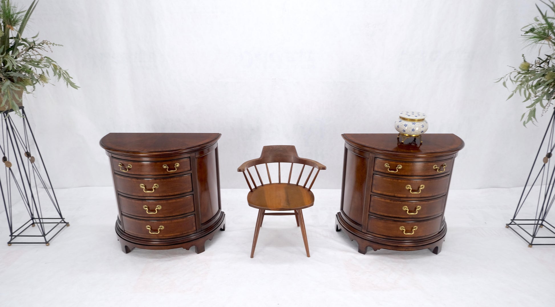 EstablishedLines Pair of 4 Drawer Banded Top Demi Lune Consoles Dressers Brass Drop Pulls MINT!