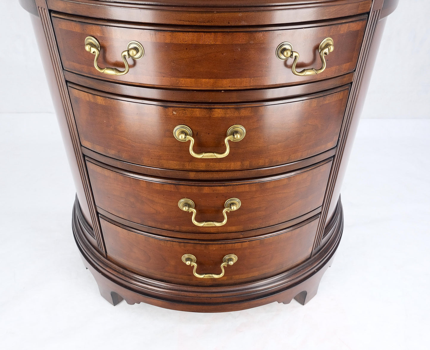 Pair of 4 Drawer Banded Top Demi Lune Consoles Dressers Brass Drop Pulls MINT!