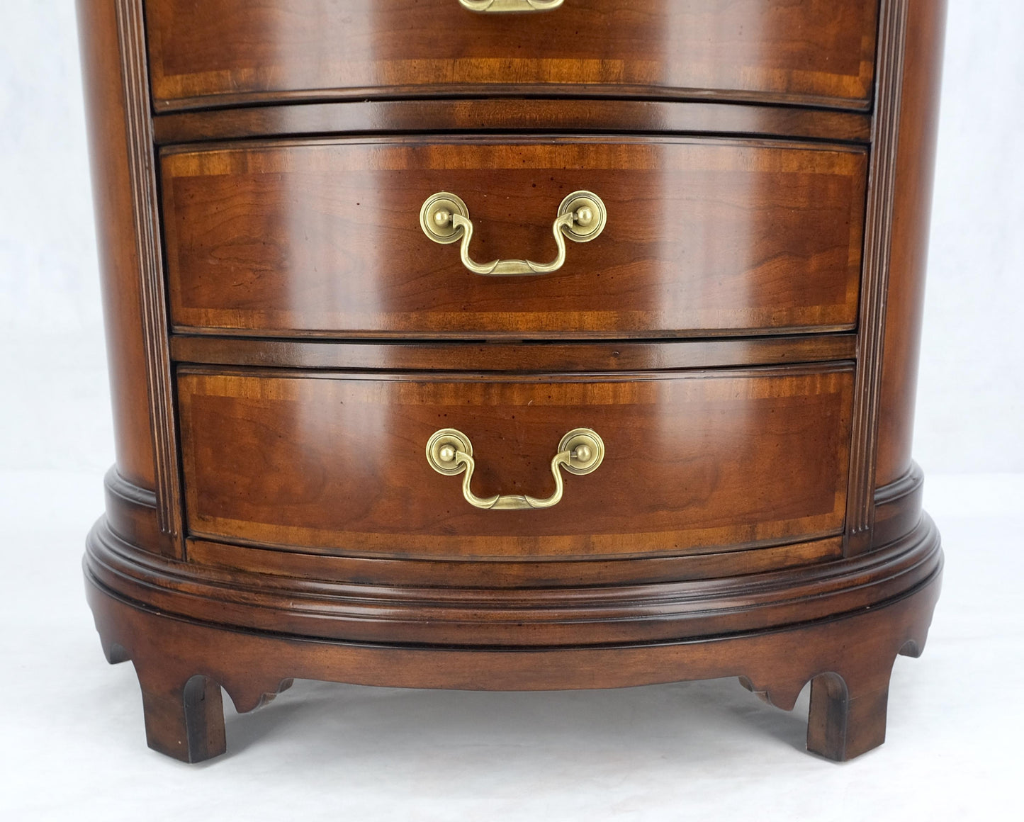 Pair of 4 Drawer Banded Top Demi Lune Consoles Dressers Brass Drop Pulls MINT!