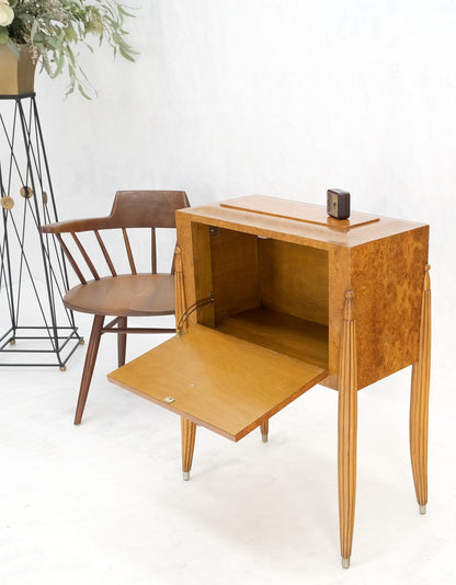 EstablishedLines Art Deco Diamond Inlay Drop Front Burl Wood Stand Side Table Fluted Tapered Leg