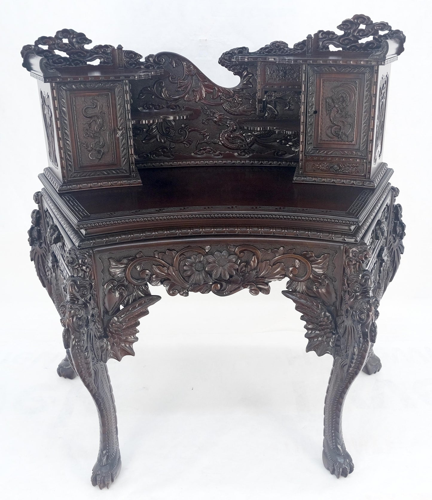 Very Fine Heavily Carved Solid Mahogany Japanese Curved Desk Multiple Drawers