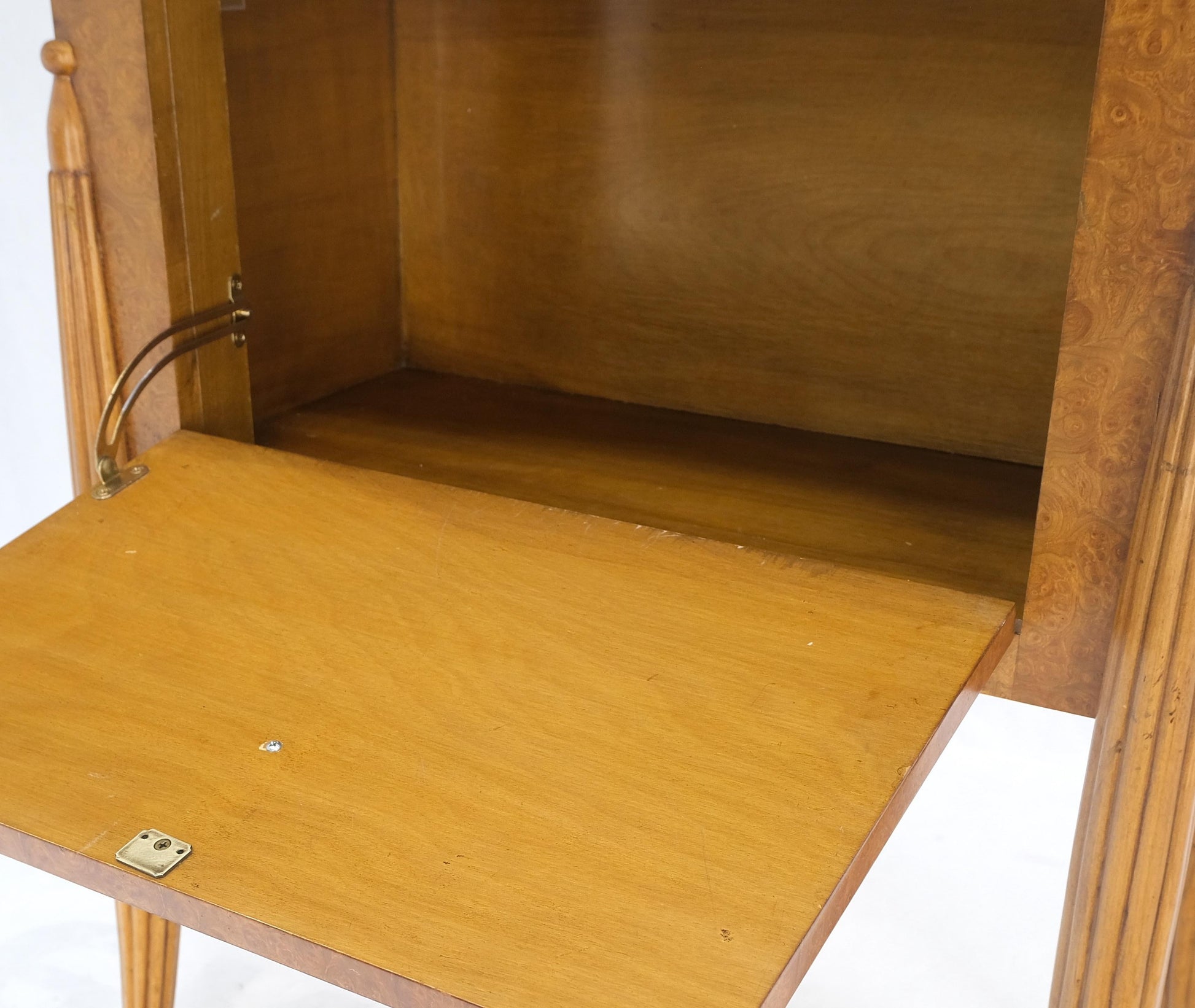 EstablishedLines Art Deco Diamond Inlay Drop Front Burl Wood Stand Side Table Fluted Tapered Leg