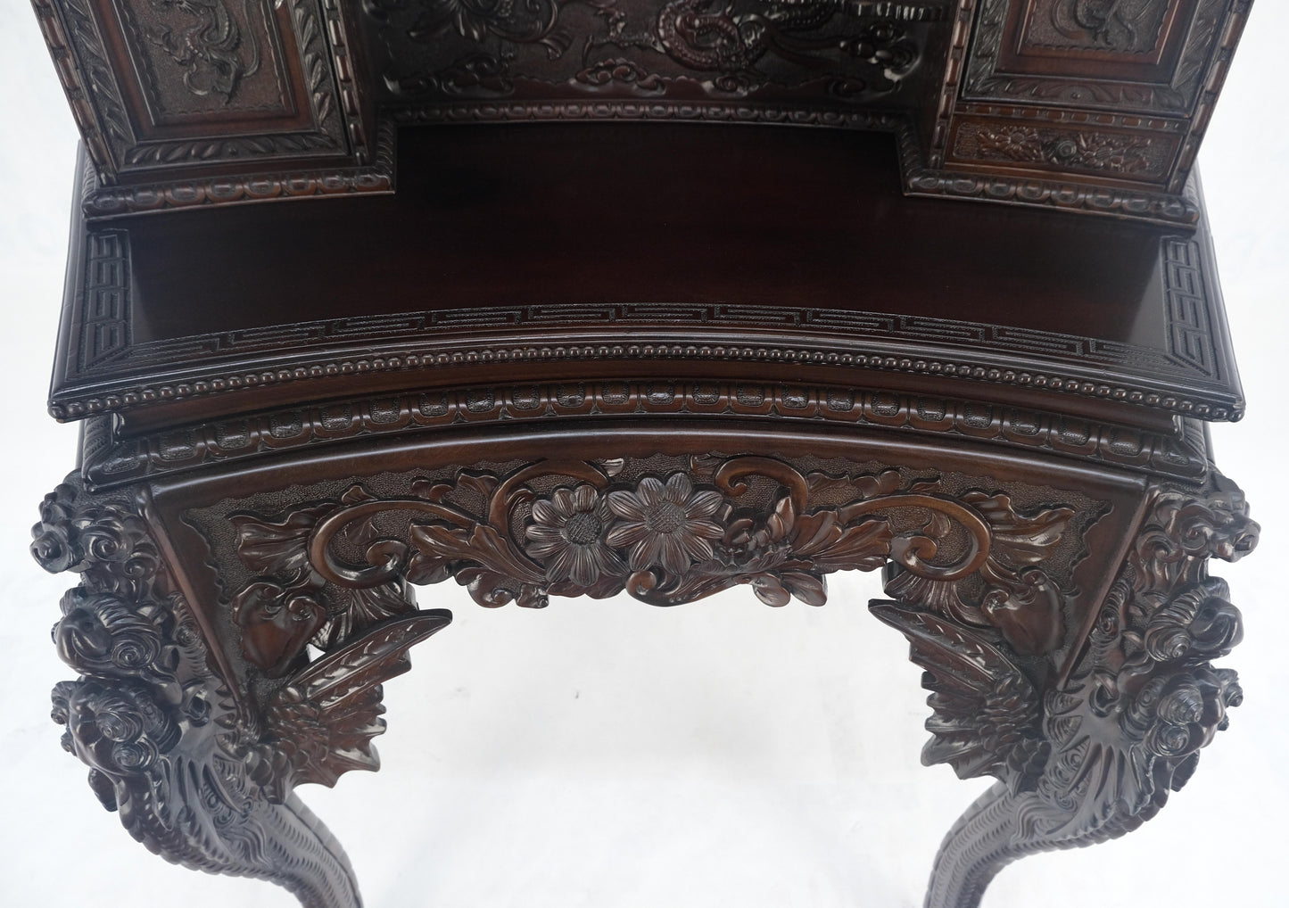 Very Fine Heavily Carved Solid Mahogany Japanese Curved Desk Multiple Drawers