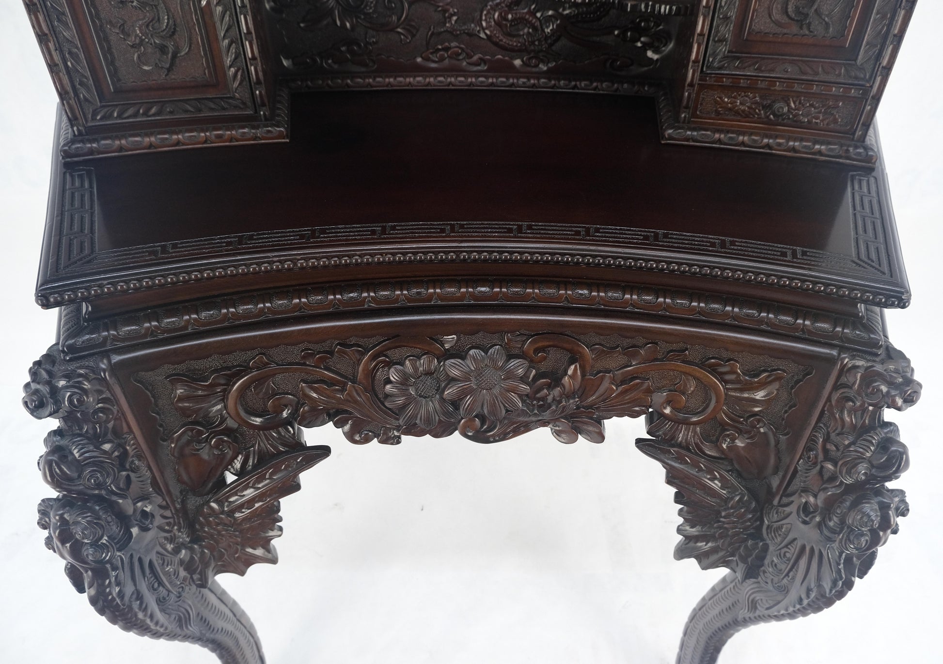 Very Fine Heavily Carved Solid Mahogany Japanese Curved Desk Multiple Drawers