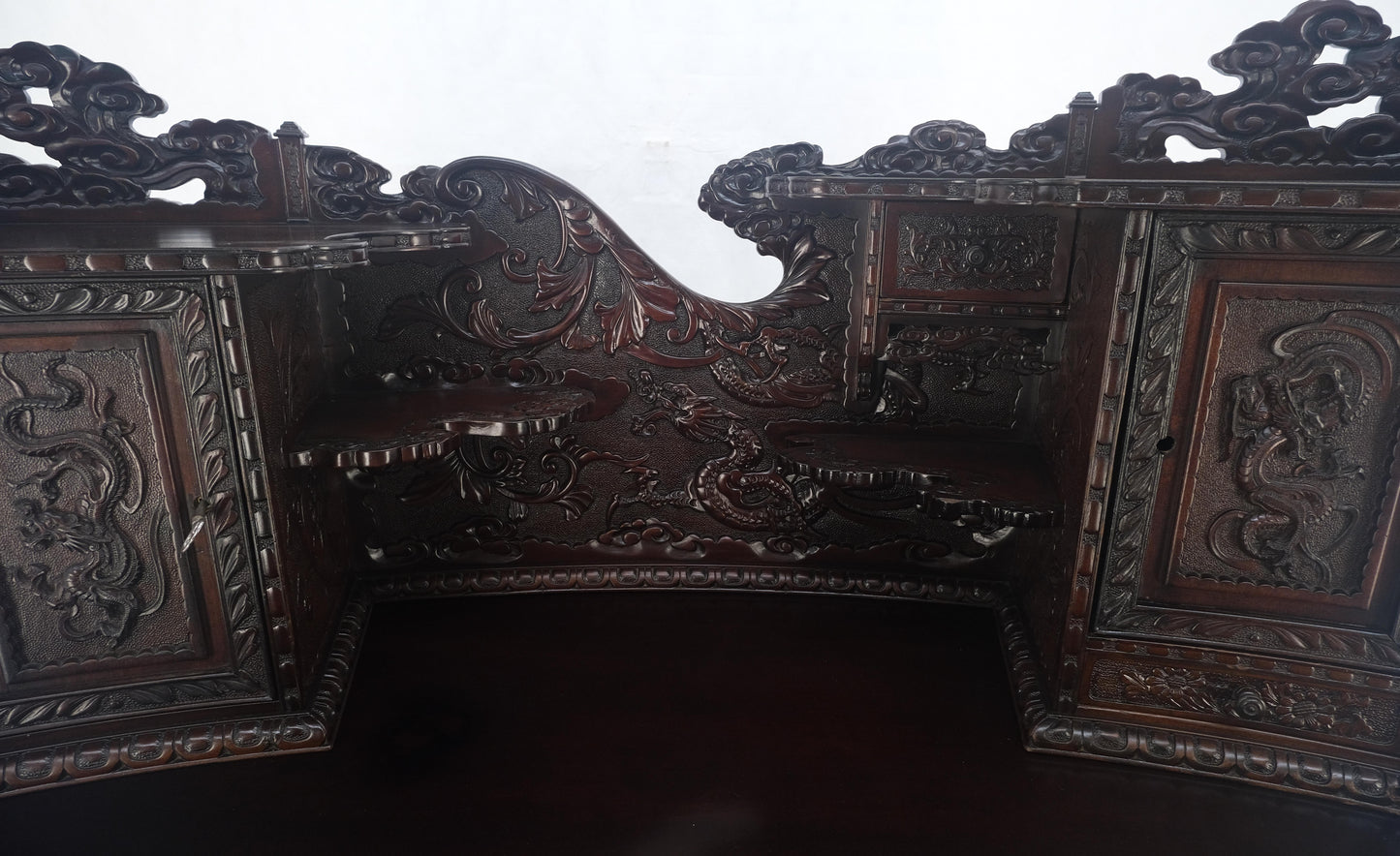 Very Fine Heavily Carved Solid Mahogany Japanese Curved Desk Multiple Drawers