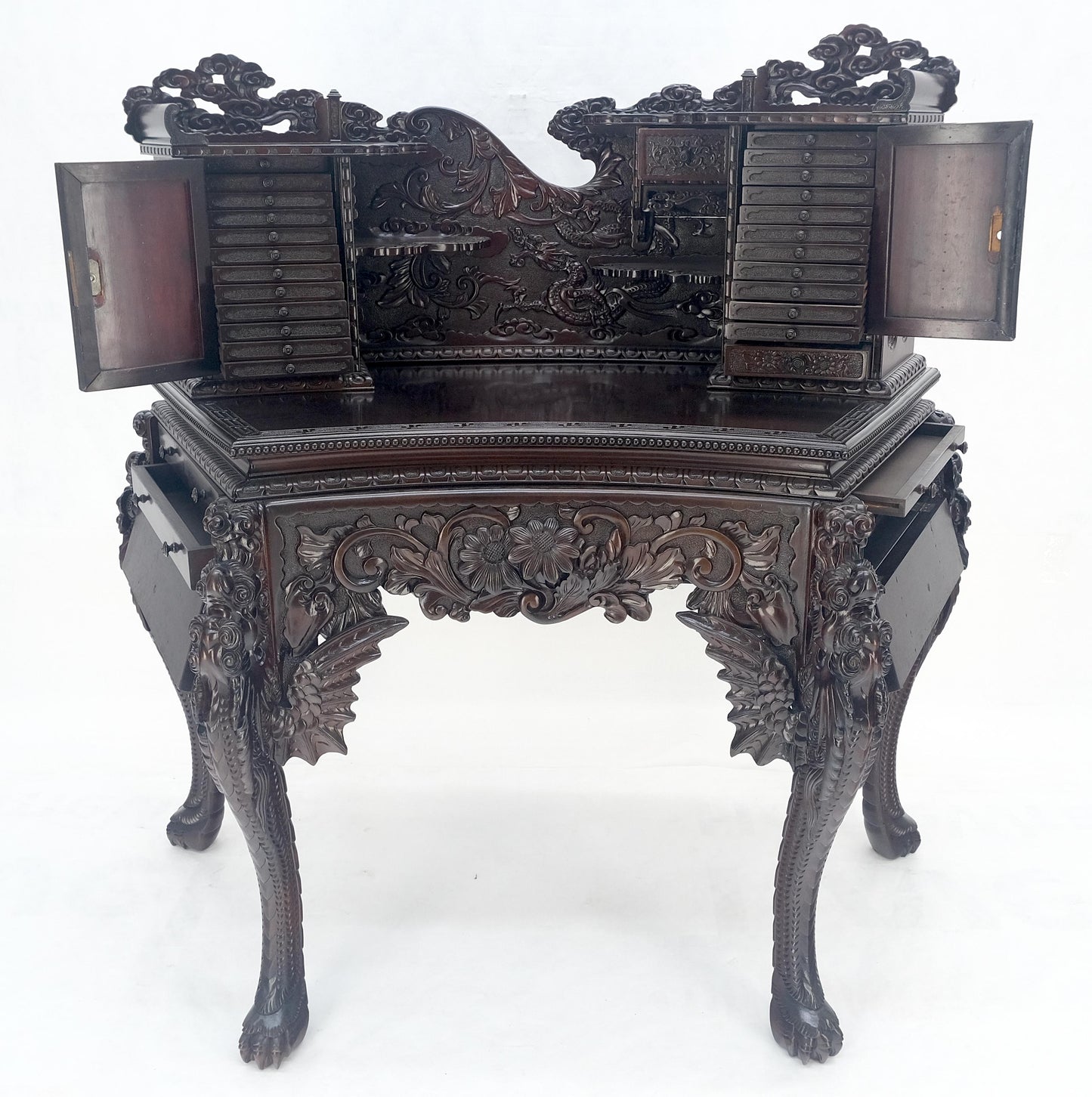 Very Fine Heavily Carved Solid Mahogany Japanese Curved Desk Multiple Drawers