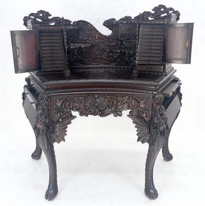 Very Fine Heavily Carved Solid Mahogany Japanese Curved Desk Multiple Drawers