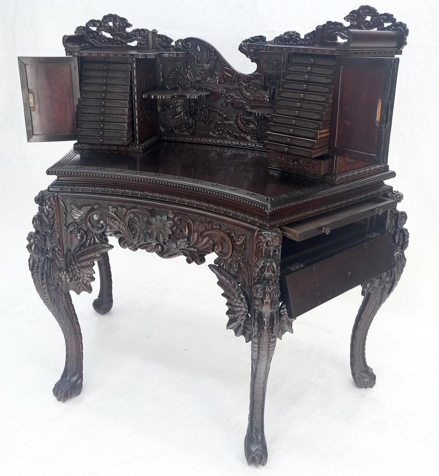 Very Fine Heavily Carved Solid Mahogany Japanese Curved Desk Multiple Drawers