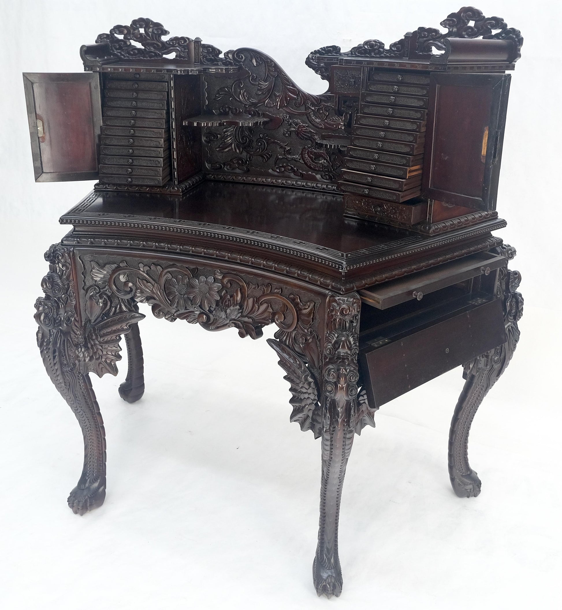 Very Fine Heavily Carved Solid Mahogany Japanese Curved Desk Multiple Drawers