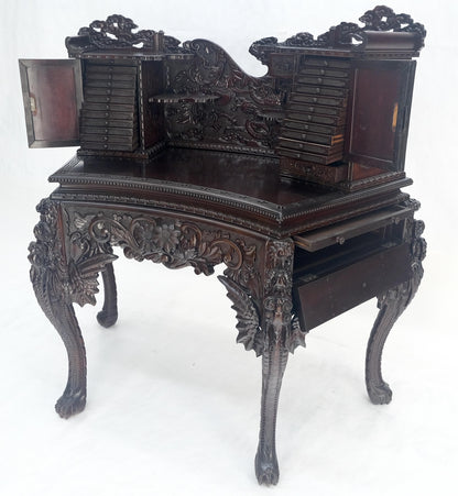 Very Fine Heavily Carved Solid Mahogany Japanese Curved Desk Multiple Drawers