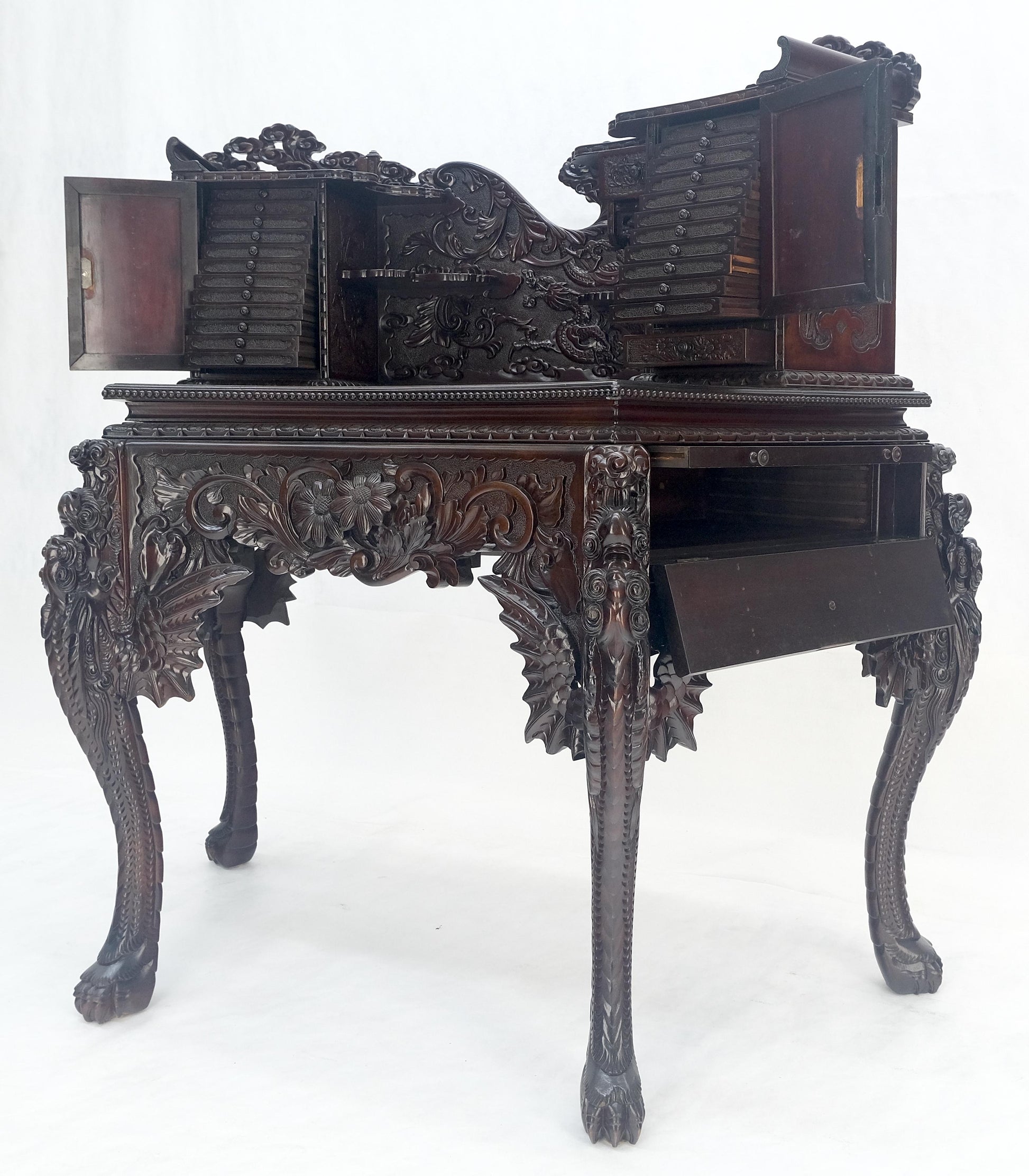EstablishedLines Very Fine Heavily Carved Solid Mahogany Japanese Curved Desk Multiple Drawers