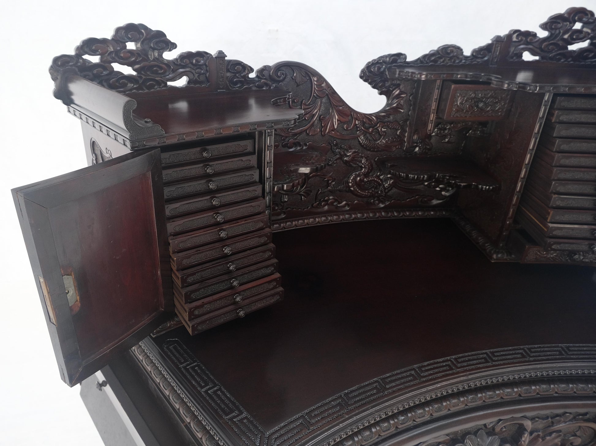 EstablishedLines Very Fine Heavily Carved Solid Mahogany Japanese Curved Desk Multiple Drawers