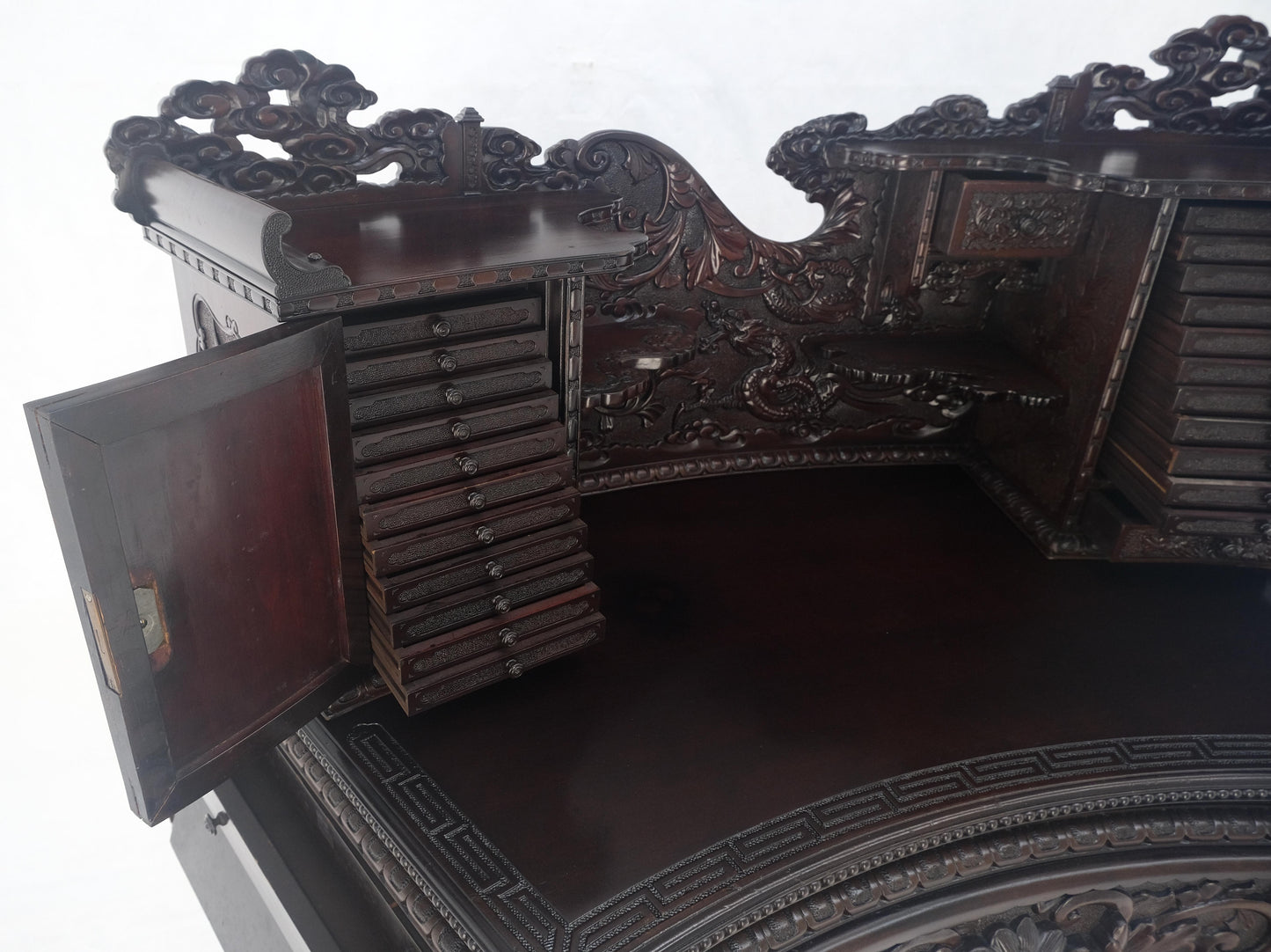Very Fine Heavily Carved Solid Mahogany Japanese Curved Desk Multiple Drawers