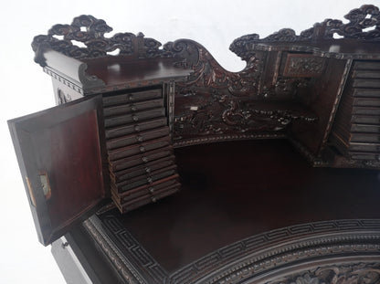 Very Fine Heavily Carved Solid Mahogany Japanese Curved Desk Multiple Drawers