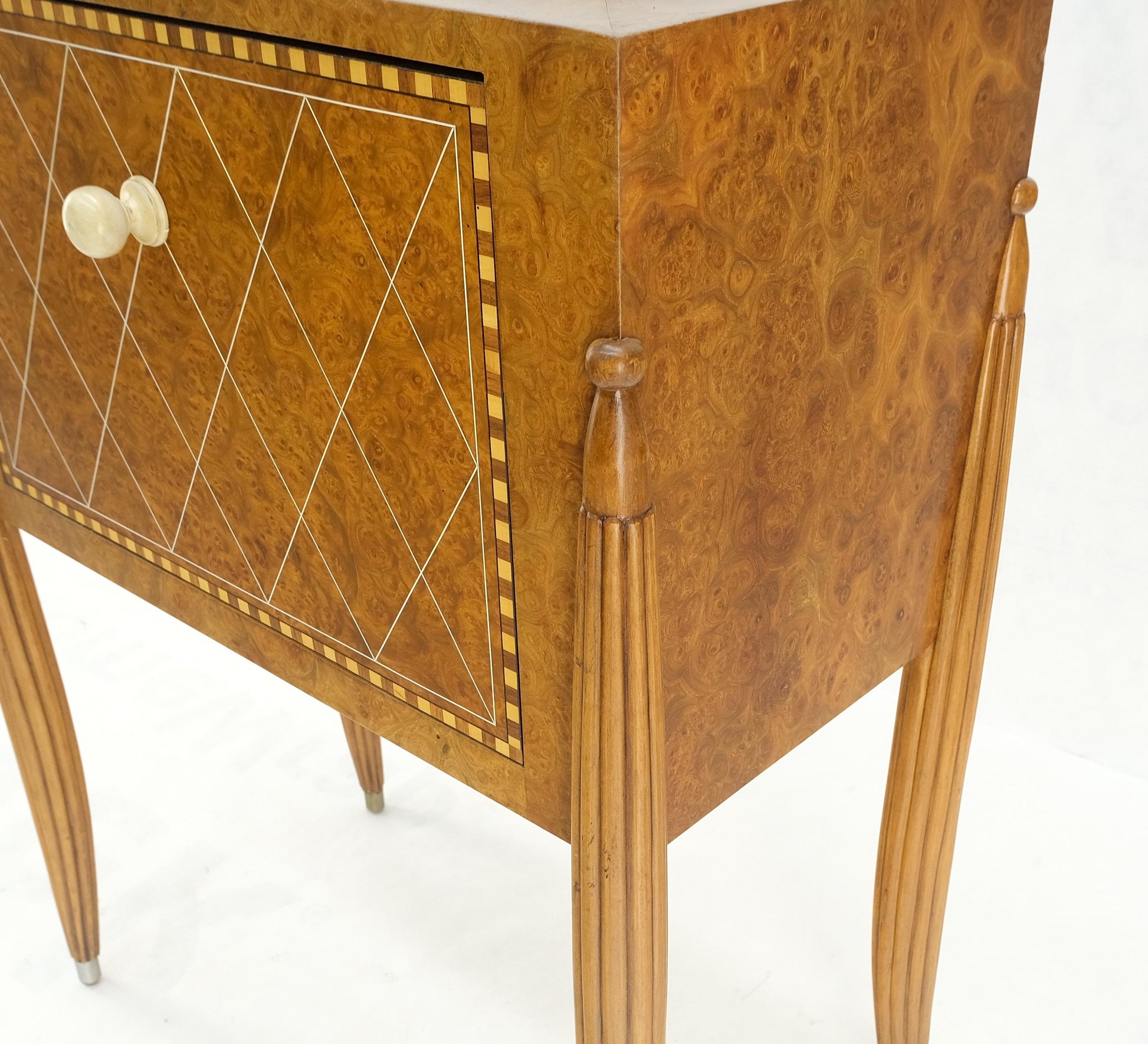 EstablishedLines Art Deco Diamond Inlay Drop Front Burl Wood Stand Side Table Fluted Tapered Leg