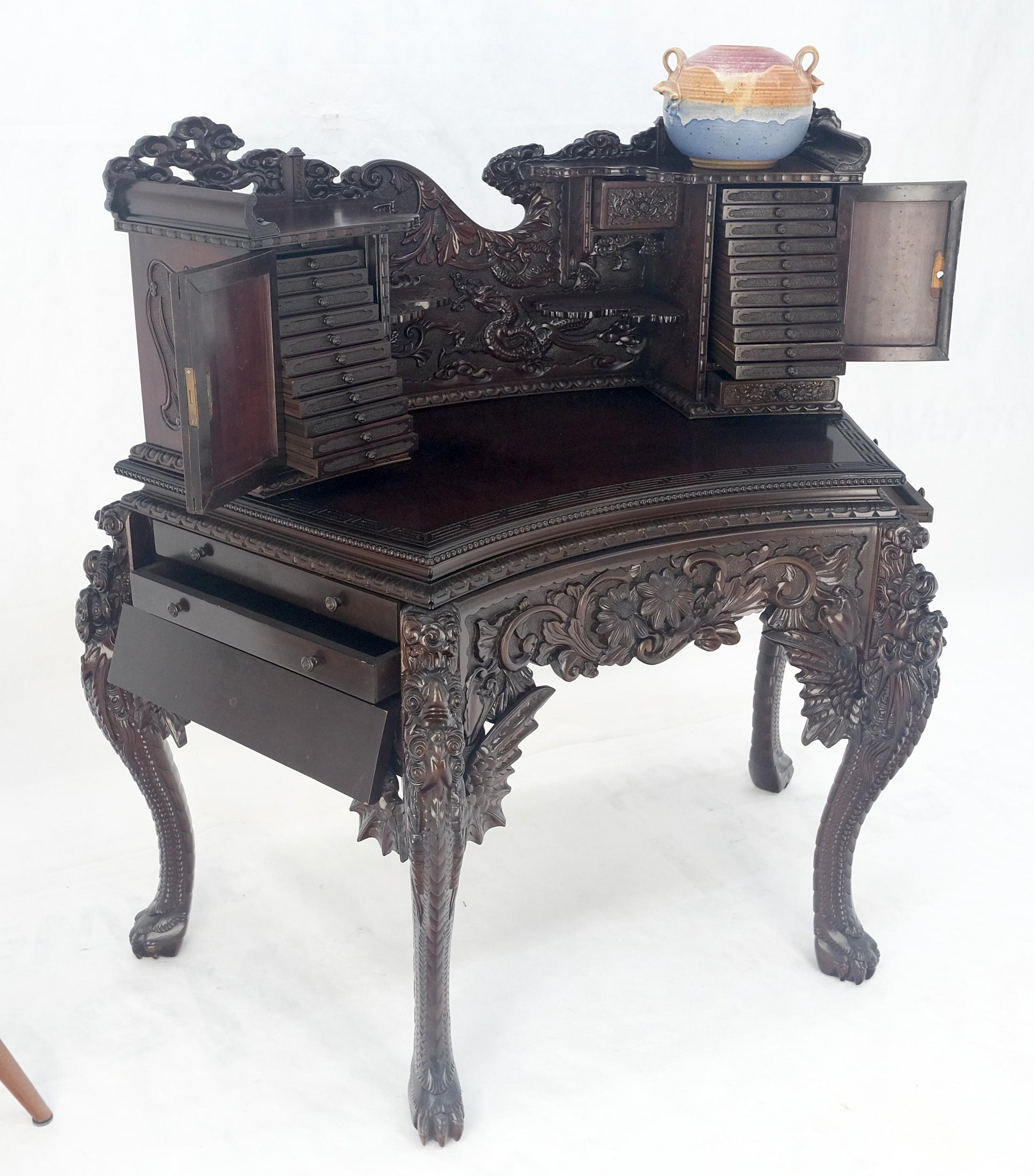 Very Fine Heavily Carved Solid Mahogany Japanese Curved Desk Multiple Drawers