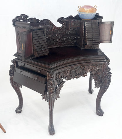 Very Fine Heavily Carved Solid Mahogany Japanese Curved Desk Multiple Drawers