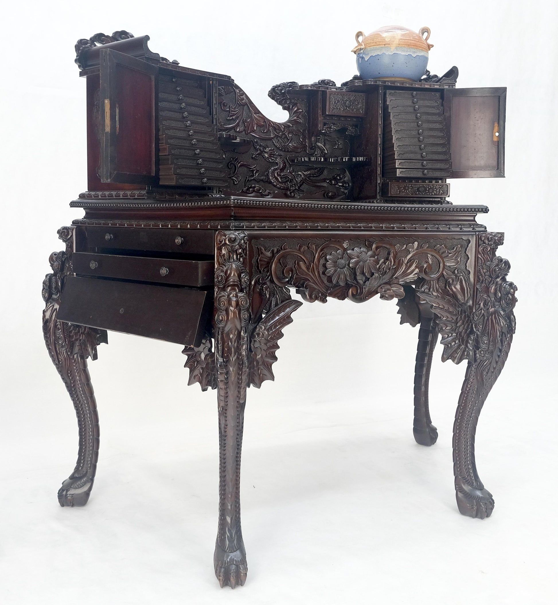 Very Fine Heavily Carved Solid Mahogany Japanese Curved Desk Multiple Drawers