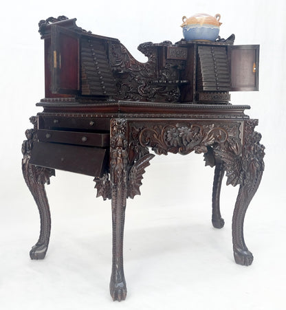 Very Fine Heavily Carved Solid Mahogany Japanese Curved Desk Multiple Drawers