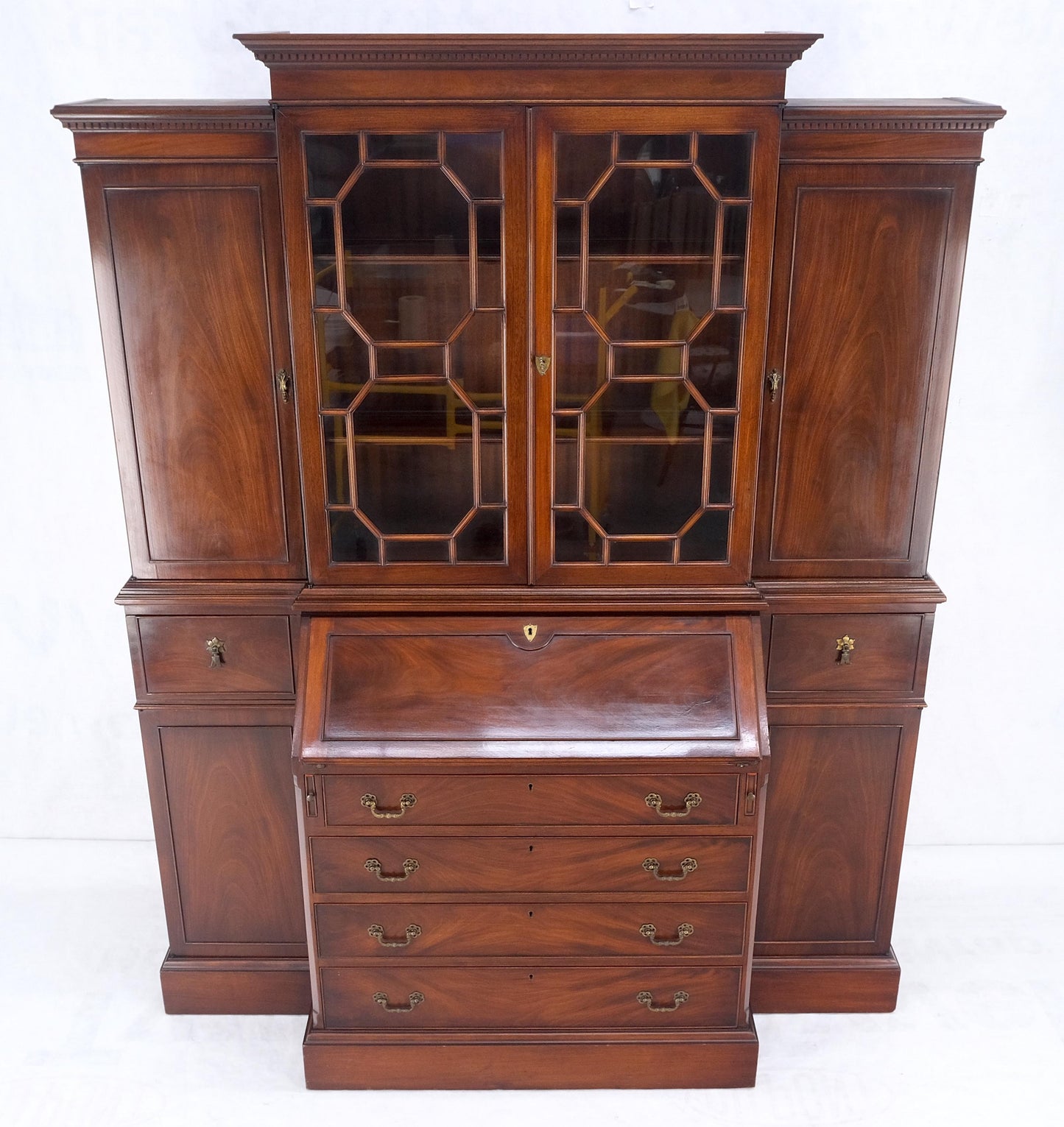 EstablishedLines Crotch Mahogany Individual Glass Pains Door Drop Front Secretary Breakfront MINT