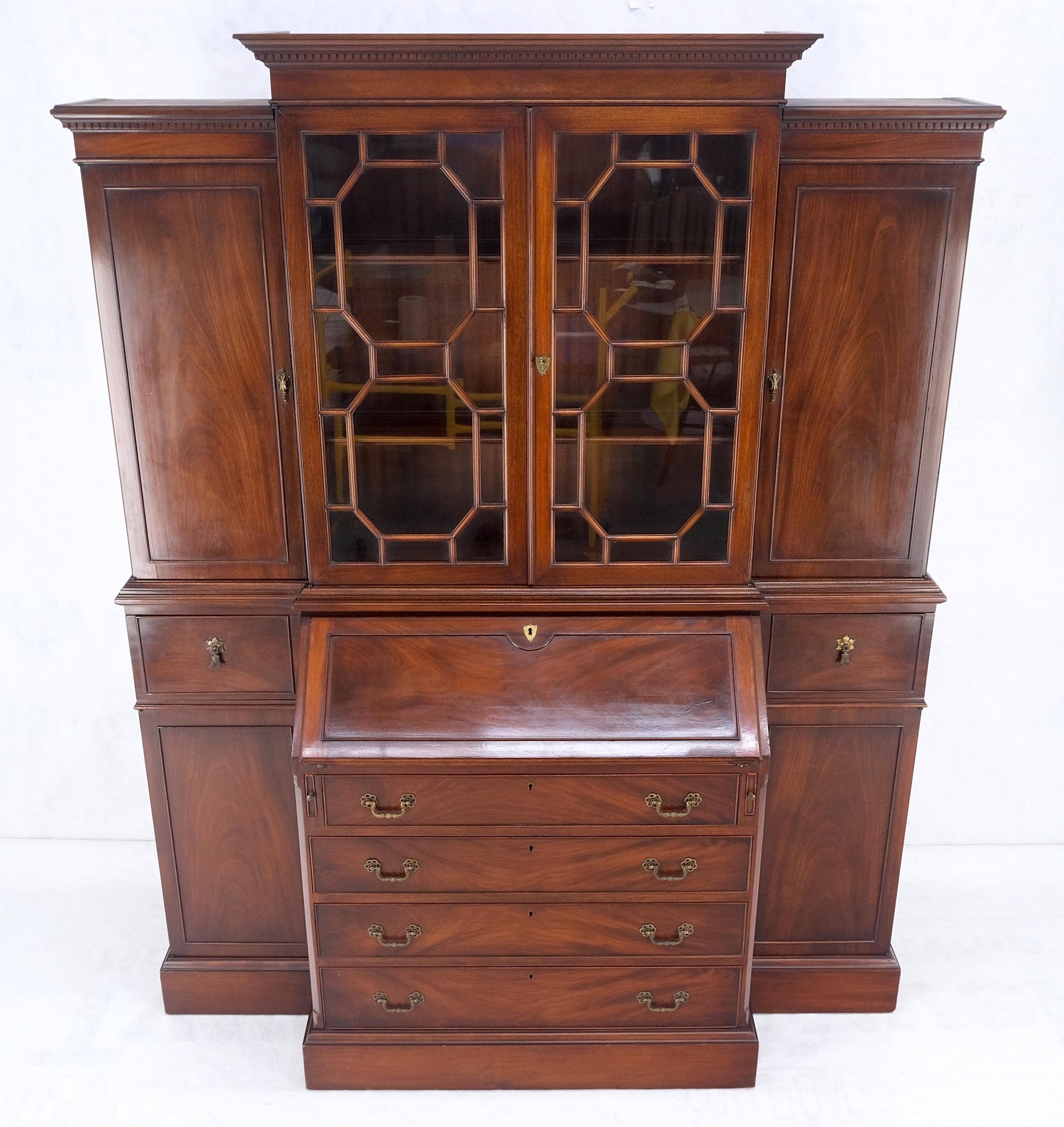 EstablishedLines Crotch Mahogany Individual Glass Pains Door Drop Front Secretary Breakfront MINT