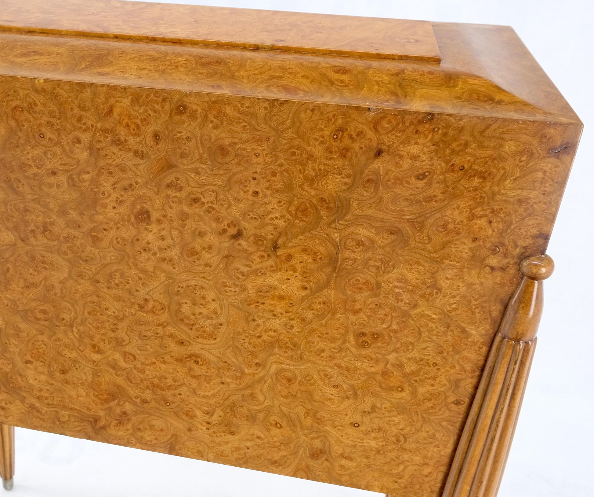 EstablishedLines Art Deco Diamond Inlay Drop Front Burl Wood Stand Side Table Fluted Tapered Leg