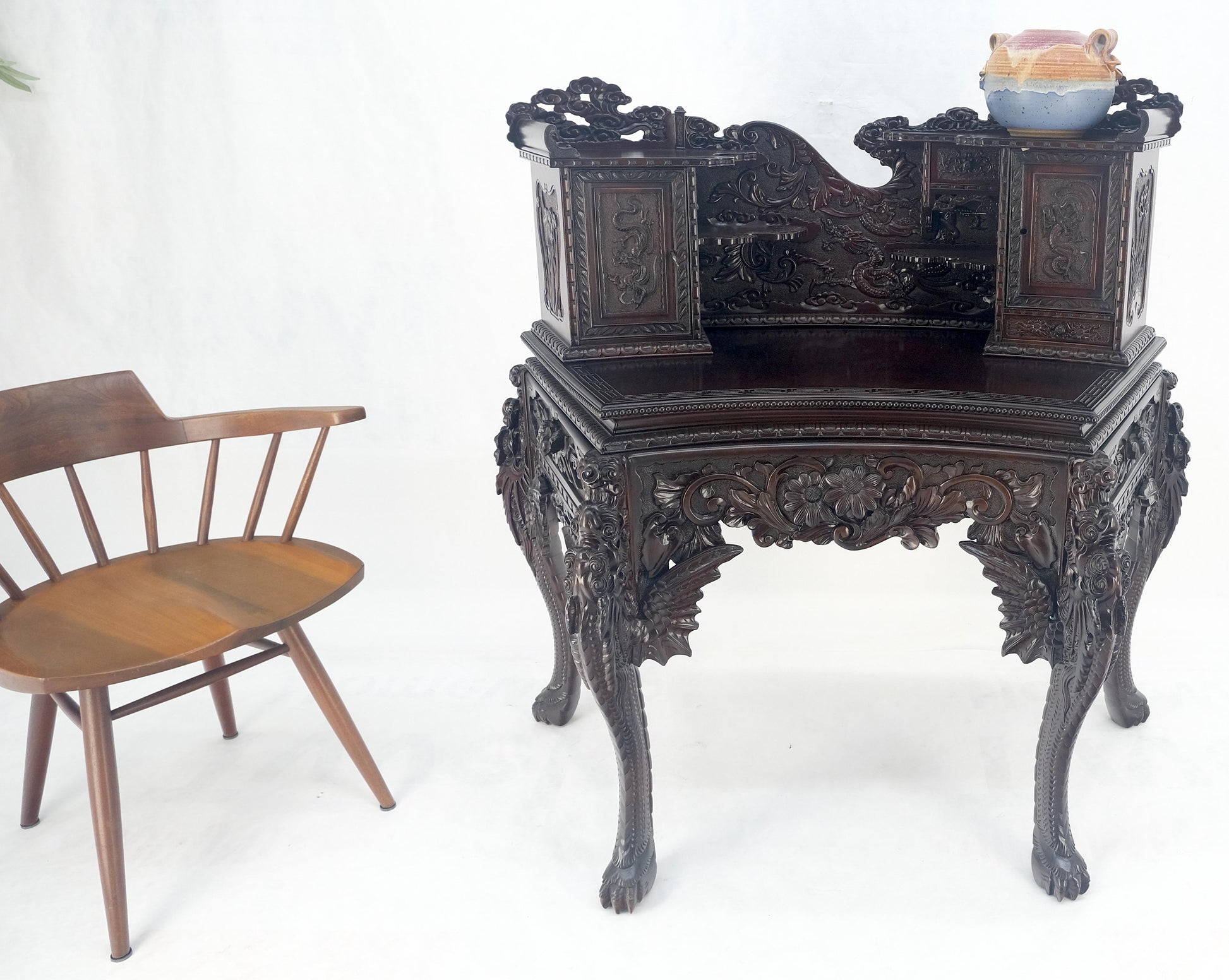 Very Fine Heavily Carved Solid Mahogany Japanese Curved Desk Multiple Drawers