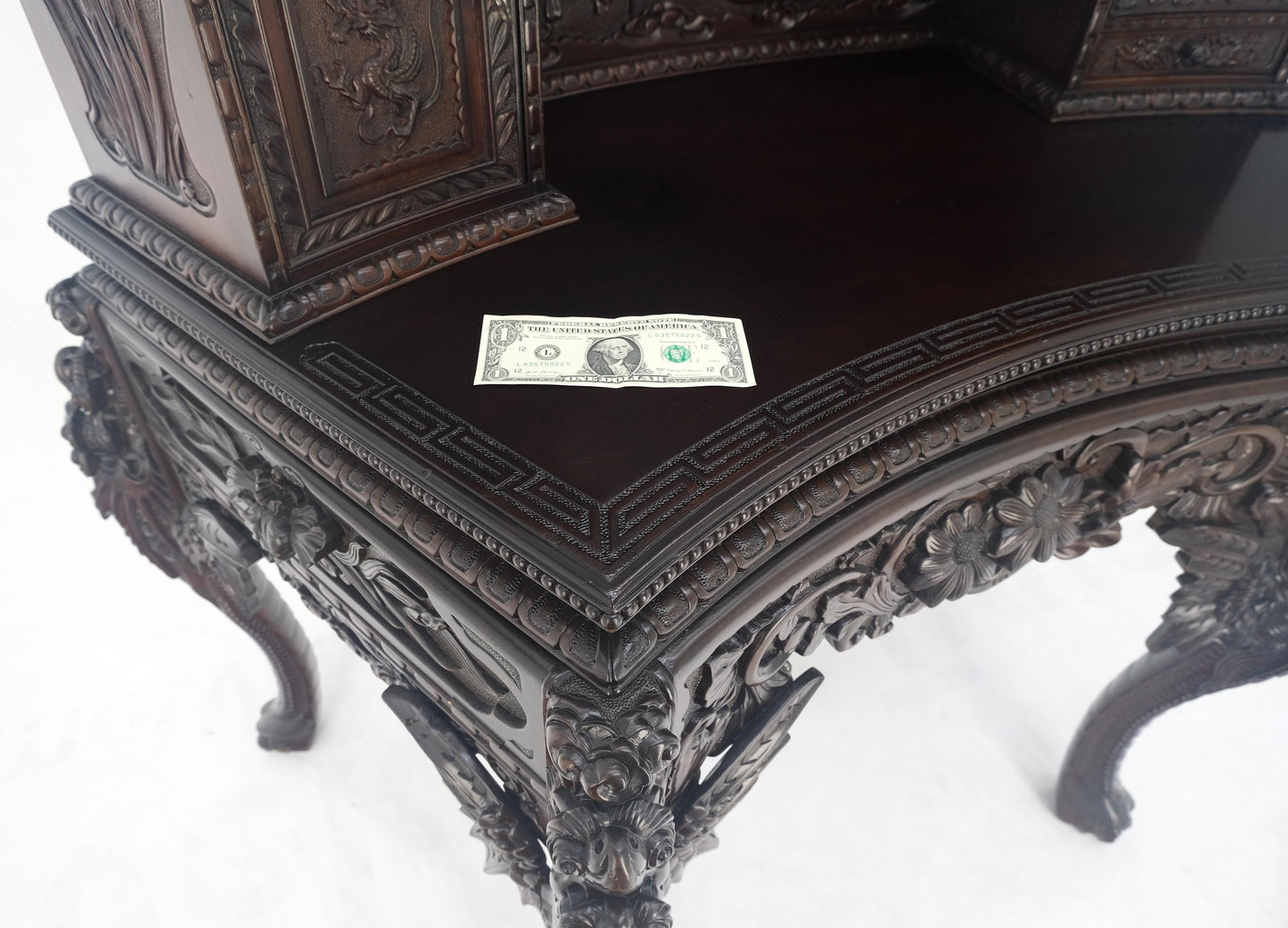 Very Fine Heavily Carved Solid Mahogany Japanese Curved Desk Multiple Drawers
