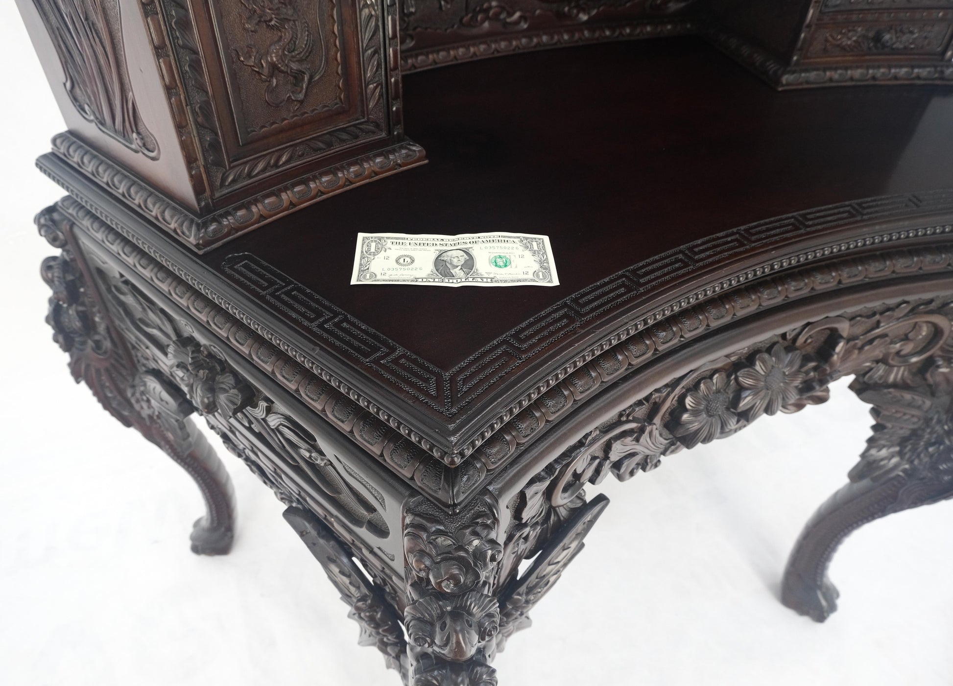 Very Fine Heavily Carved Solid Mahogany Japanese Curved Desk Multiple Drawers