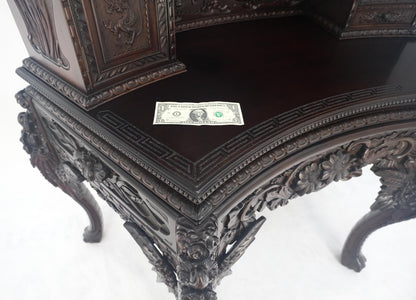 Very Fine Heavily Carved Solid Mahogany Japanese Curved Desk Multiple Drawers