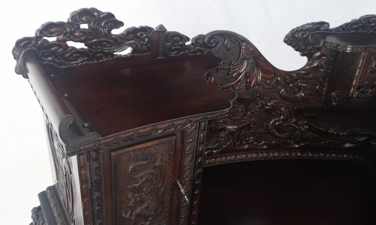Very Fine Heavily Carved Solid Mahogany Japanese Curved Desk Multiple Drawers