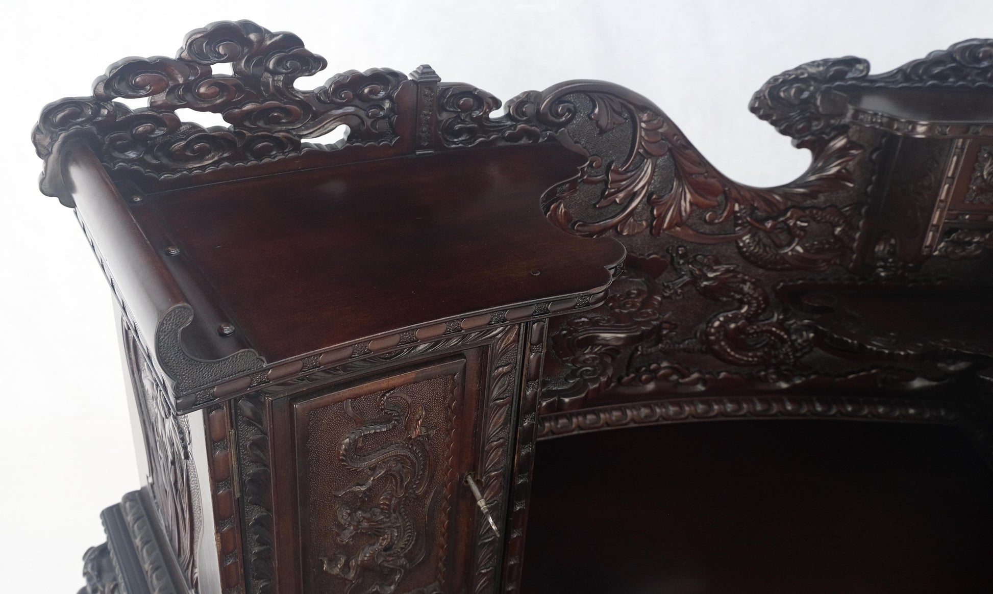 Very Fine Heavily Carved Solid Mahogany Japanese Curved Desk Multiple Drawers