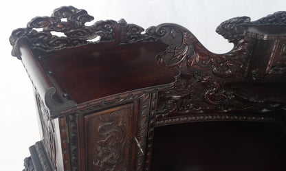 Very Fine Heavily Carved Solid Mahogany Japanese Curved Desk Multiple Drawers