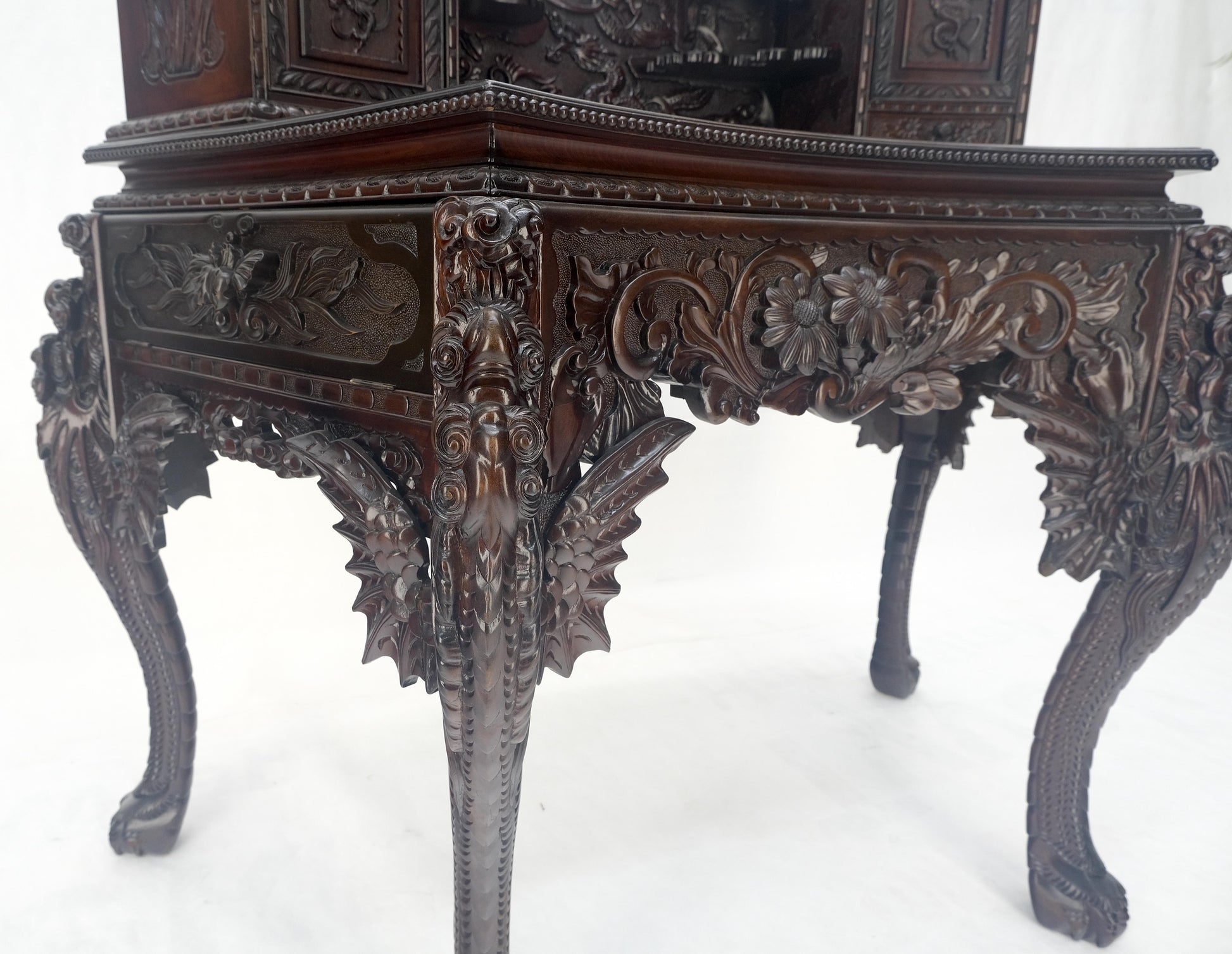 Very Fine Heavily Carved Solid Mahogany Japanese Curved Desk Multiple Drawers