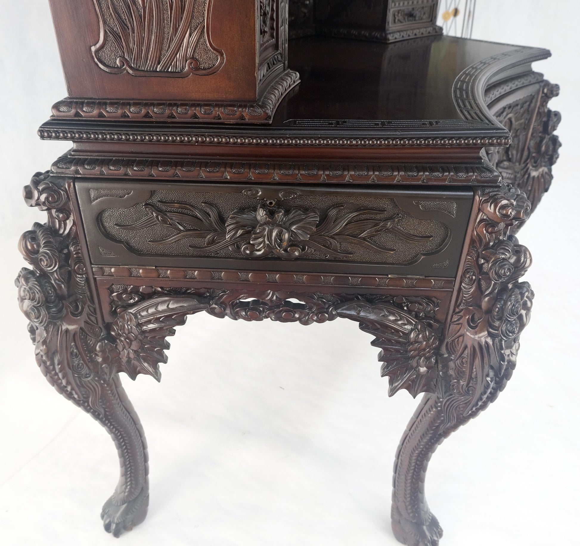 Very Fine Heavily Carved Solid Mahogany Japanese Curved Desk Multiple Drawers