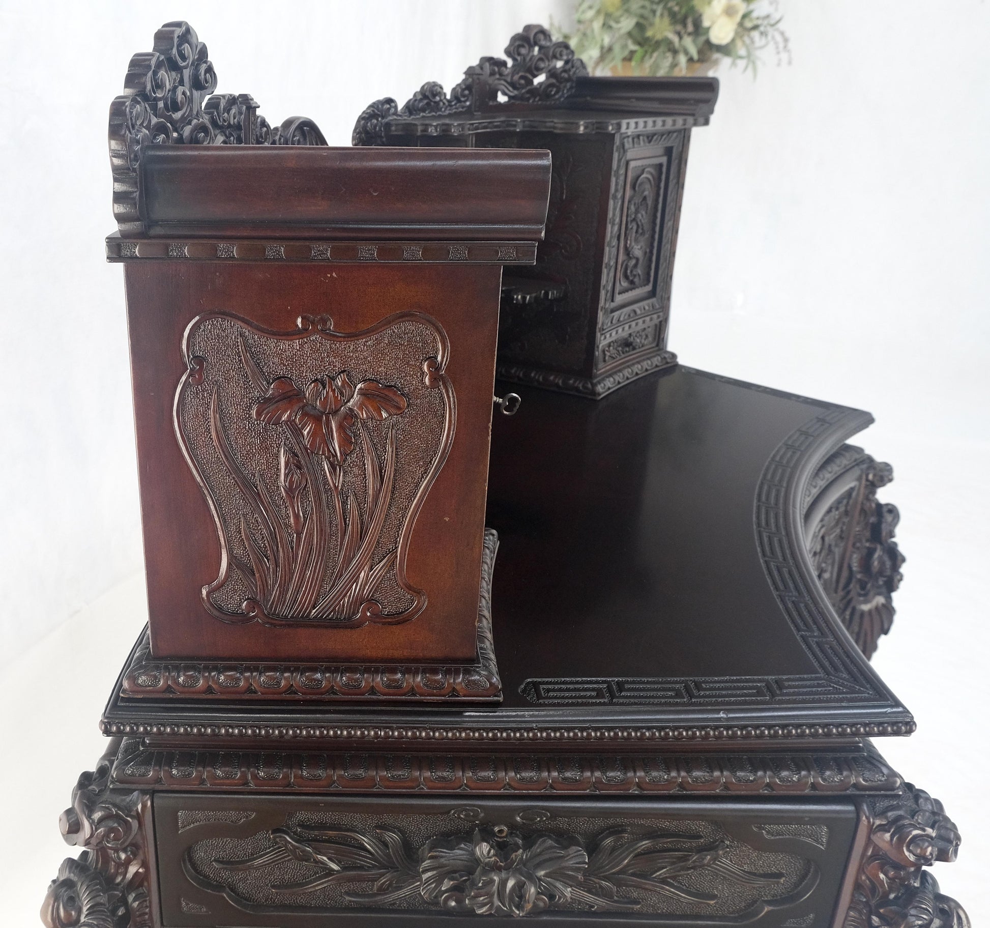 Very Fine Heavily Carved Solid Mahogany Japanese Curved Desk Multiple Drawers
