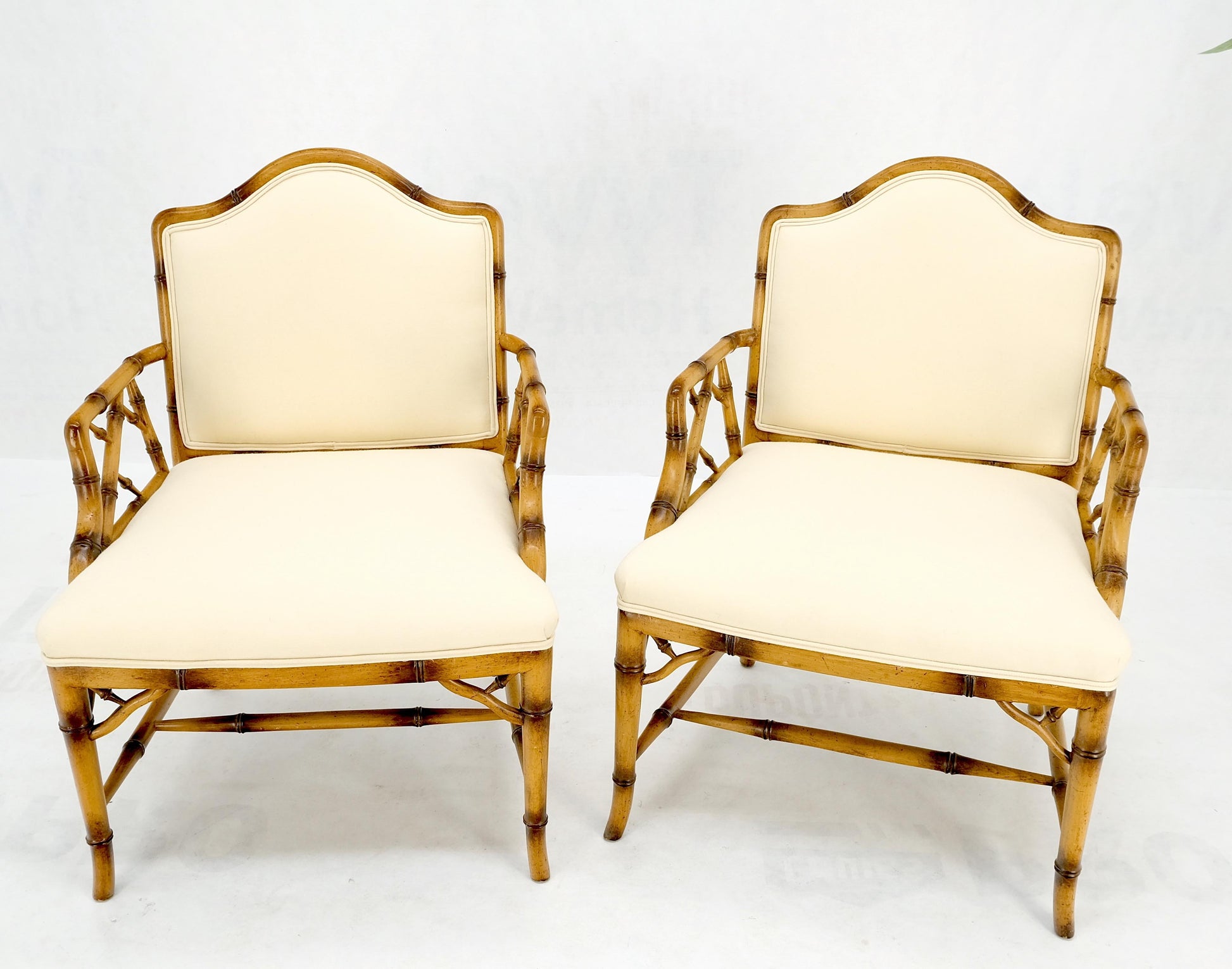 EstablishedLines Pair Faux Bamboo New Virgin Wool Upholstery Lounge Arm Fire Side Chairs MINT!