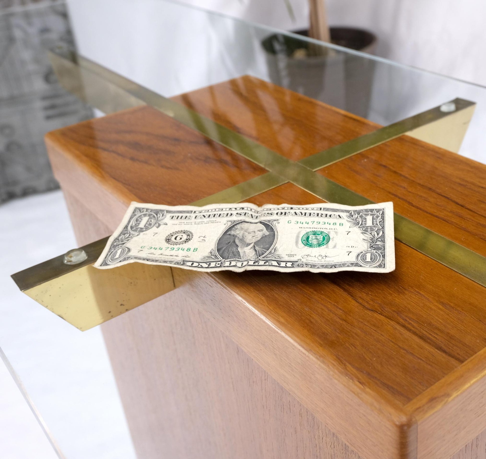 EstablishedLines Danish Mid-Century Modern Teak Brass Glass Top Pedestal Base Console Sofa Table