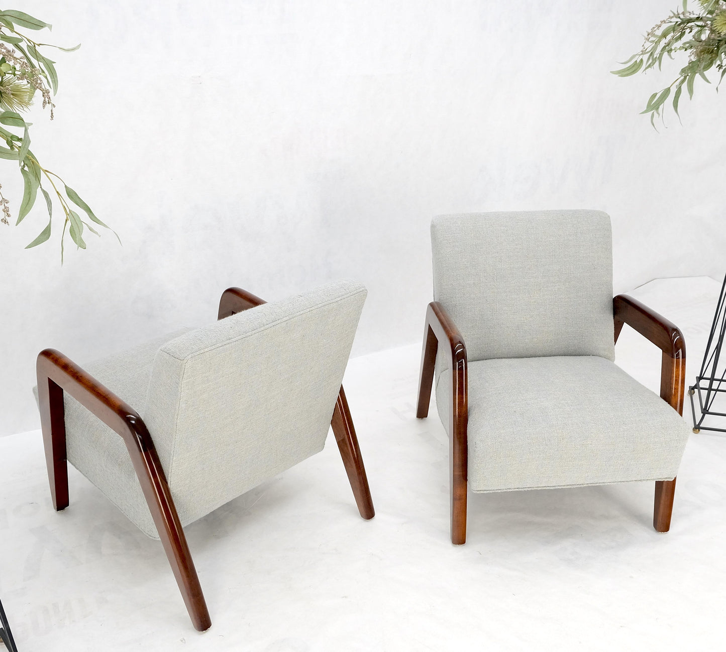 EstablishedLines Pair New Linen Upholstery Heavy Solid Maple Frames American Lounge Chairs Mint!
