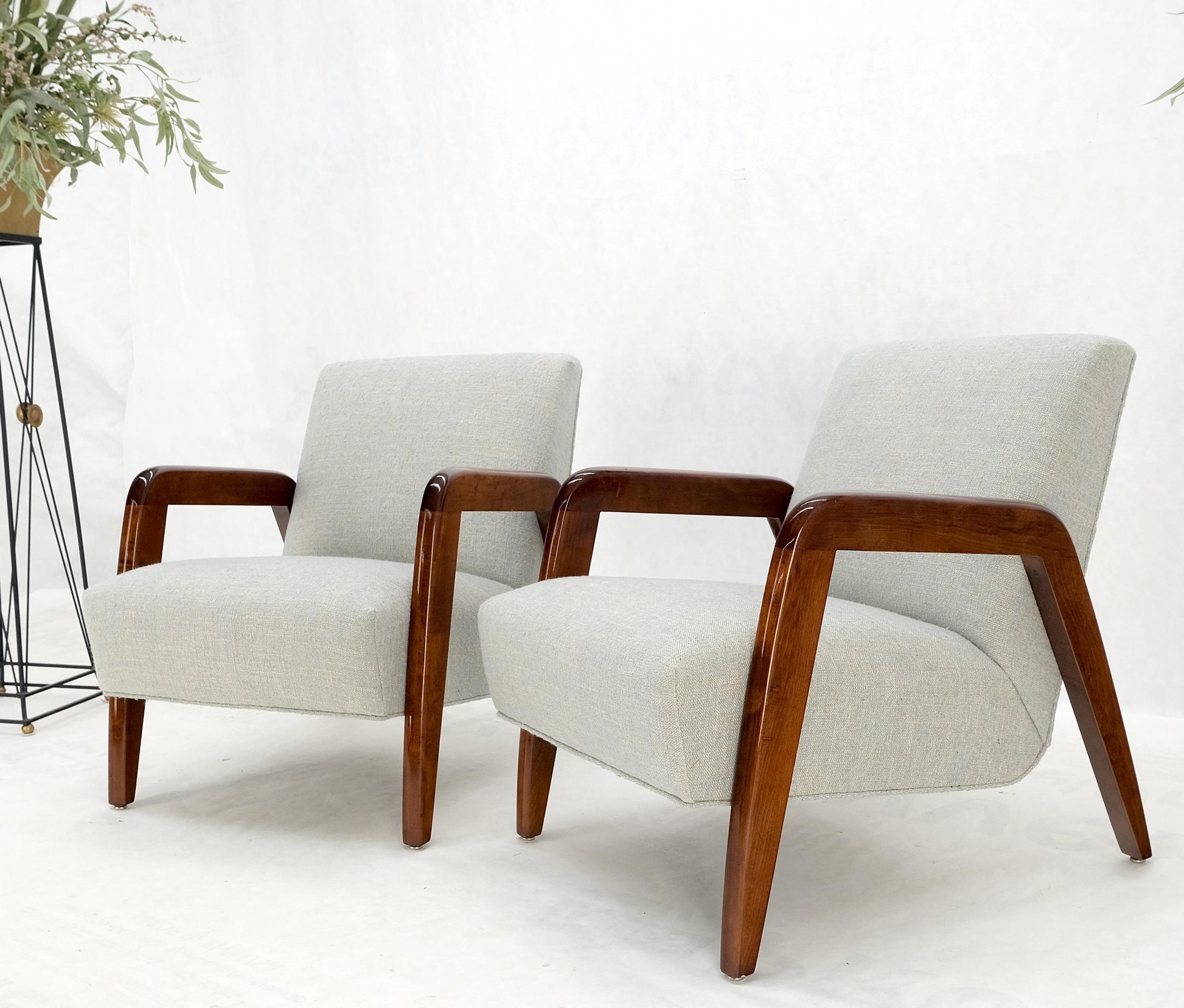 EstablishedLines Pair New Linen Upholstery Heavy Solid Maple Frames American Lounge Chairs Mint!
