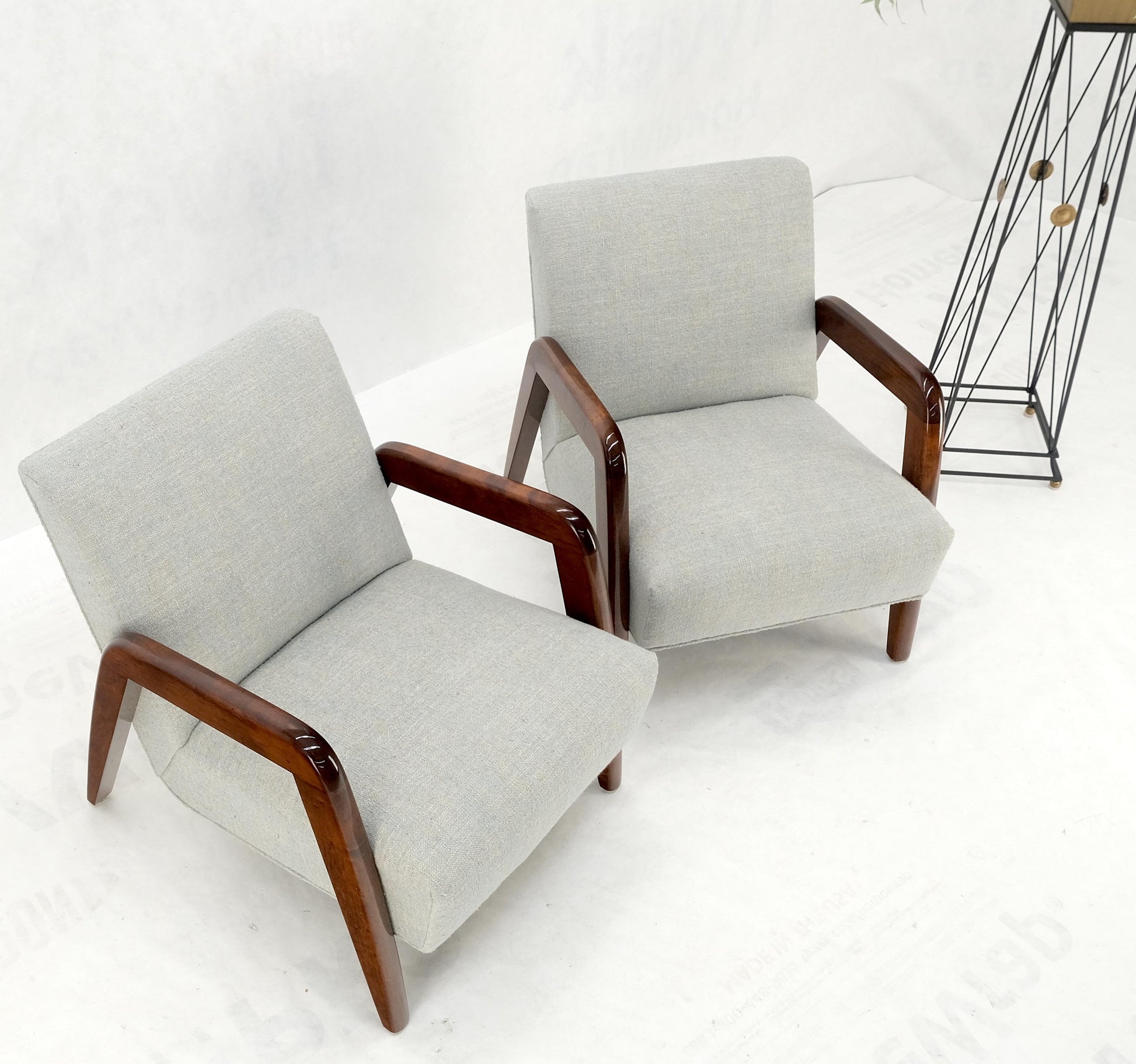 EstablishedLines Pair New Linen Upholstery Heavy Solid Maple Frames American Lounge Chairs Mint!