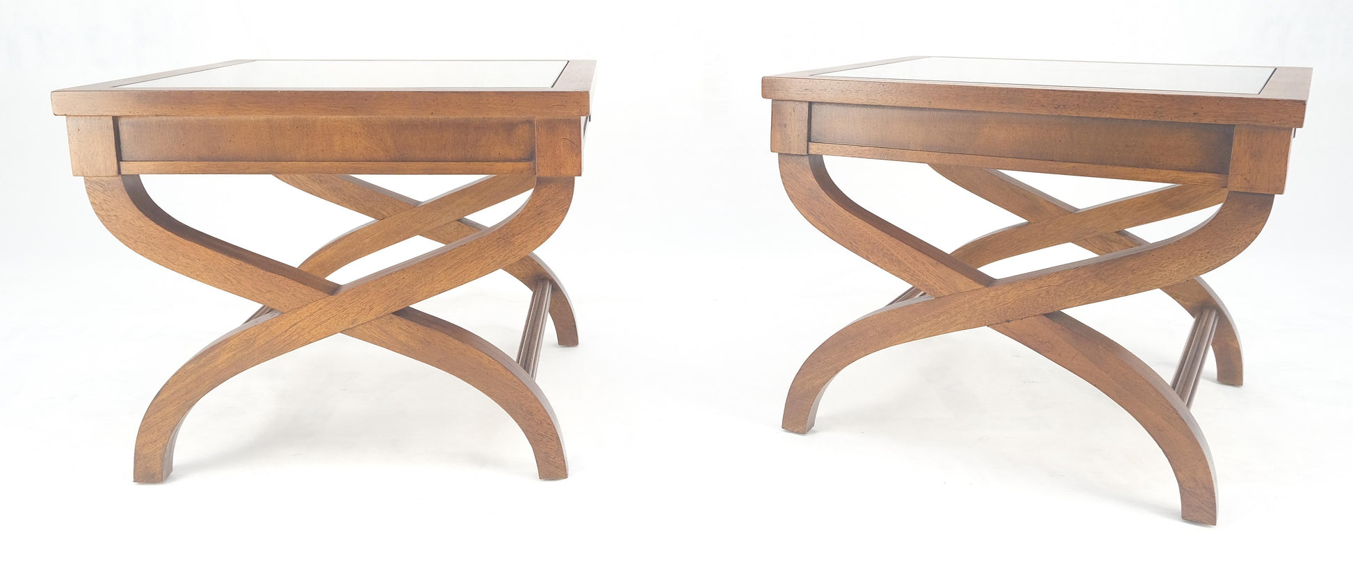 EstablishedLines Pair Decorative Glass & Cane Top X Shape Bases Legs Square Side End Tables MINT!