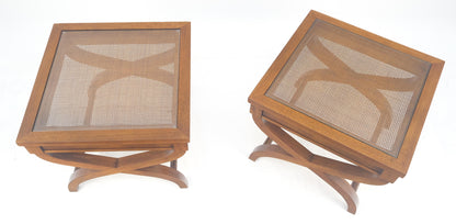 EstablishedLines Pair Decorative Glass & Cane Top X Shape Bases Legs Square Side End Tables MINT!